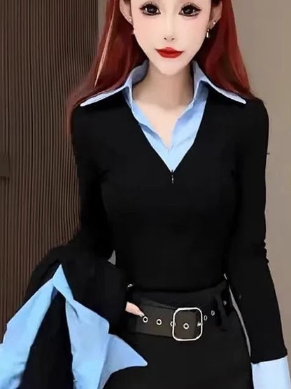 Spring Autumn 2026 Women's Slim Fit V Neck Bell Sleeve Shirt Color Block Waist Cinched False Two Piece Style Fashionable Offi...