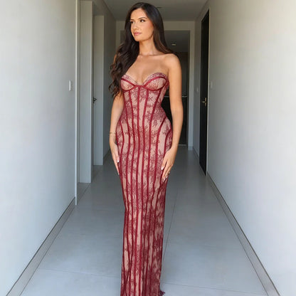Typhaland Sexy Lace Strapless Maxi Dress Women's Sleeveless Slim Corset Evening Party Dress See Through Fashion Lady Long Dress
