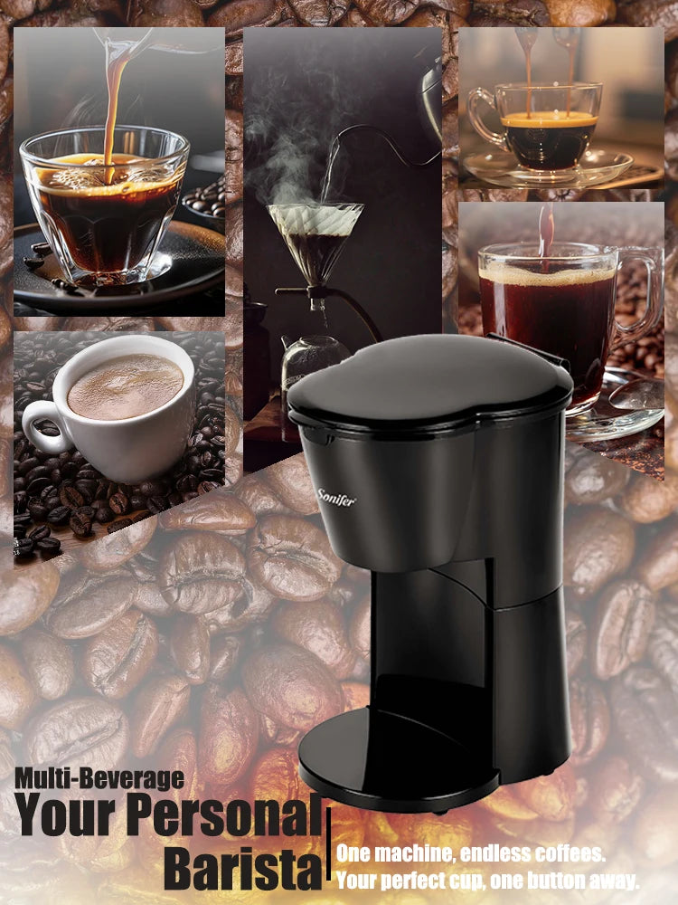 Sonifer 230ml Mini Coffee Maker SF-3593, Single Serve Drip, 450W Fast Brew, 97°C High Temp Brewing, Portable, One-Touch