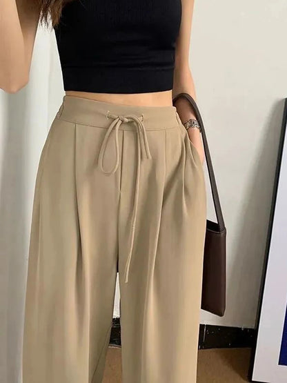 Ice Silk High Waist Wide Leg Pants Women Summer Loose Thin Straight Casual Trousers Korean Style Polyester Fiber Skin-friendl...
