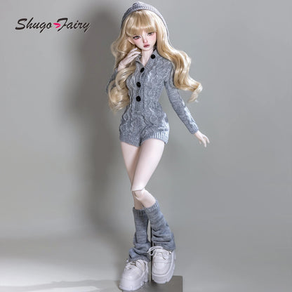 BJD Doll 1/4 Kaka H ShugaFairy MSD FullSet Cool Casual Uninhibited Lady Hooded Cable Knit Sweater Outfit Ball Jointed Doll