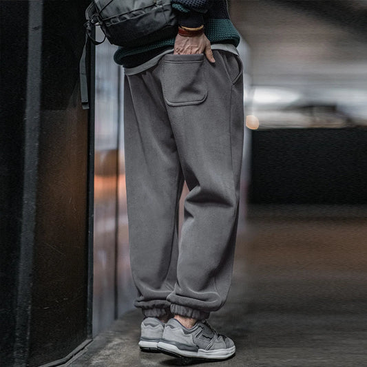 Maden Men's Casual Polar Fleece Cuffed Sweatpants Solid Color Elastic Waist Fleece-lined Pants Warm Sports Straight-leg Trousers