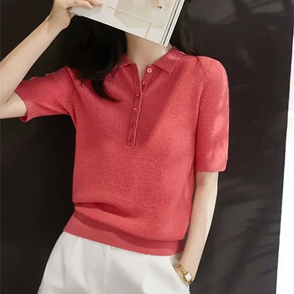 Yellow Polo Neck Shirt Button Knit Pink Women's T Shirts Plain Top Clothes Short Sleeve Tee New Synthetic Aesthetic Summer 2025