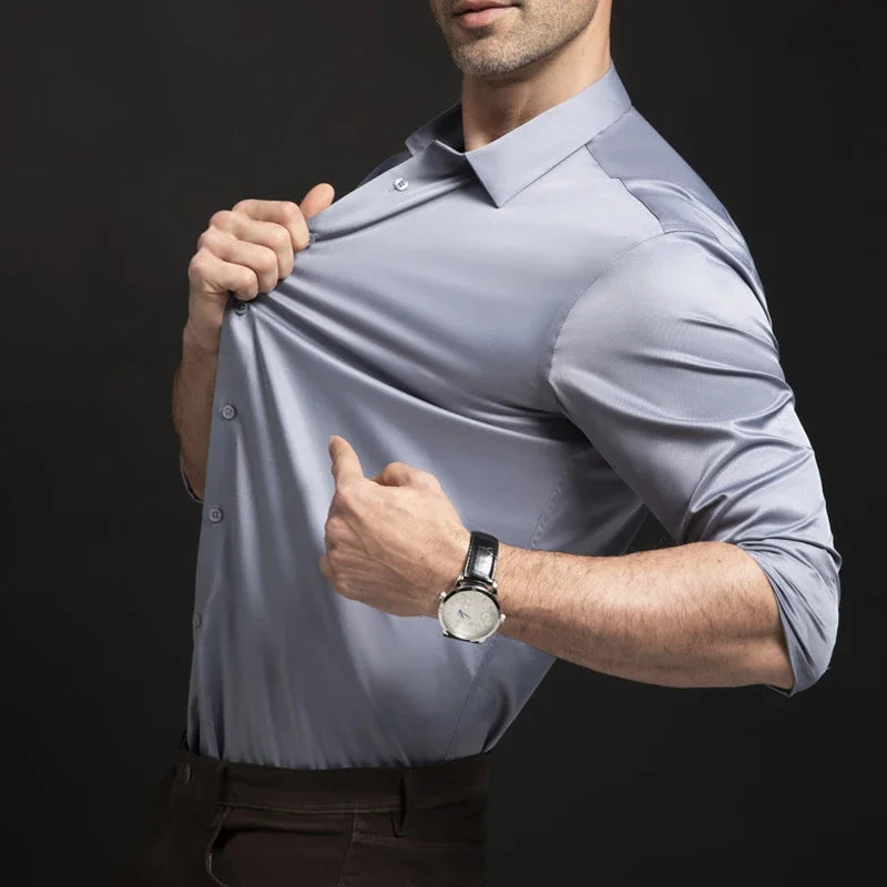 Men's long sleeved wrinkle resistant business suit high-end suit solid color shirt with silky non ironing shirt
