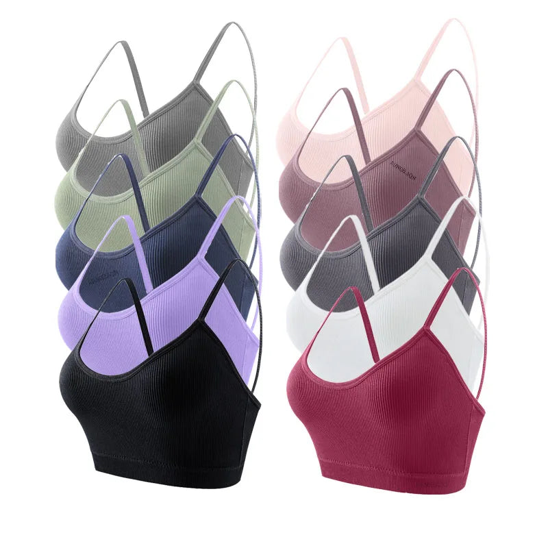 3PCS Women's Ribbed Cotton Bra With Chest Cushion Beautiful Back Sling Tank Top for Yoga Girl's Shock-absorbing Sports Underwear