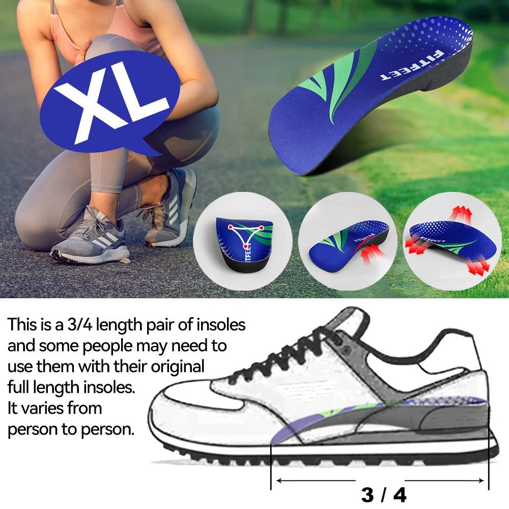RooRuns Orthopedic Arch Support Shoes Insoles 3/4 Length Flat Feet Shoes Pads for Feet Plantar Fasciitis Heel Pain Relief Unisex