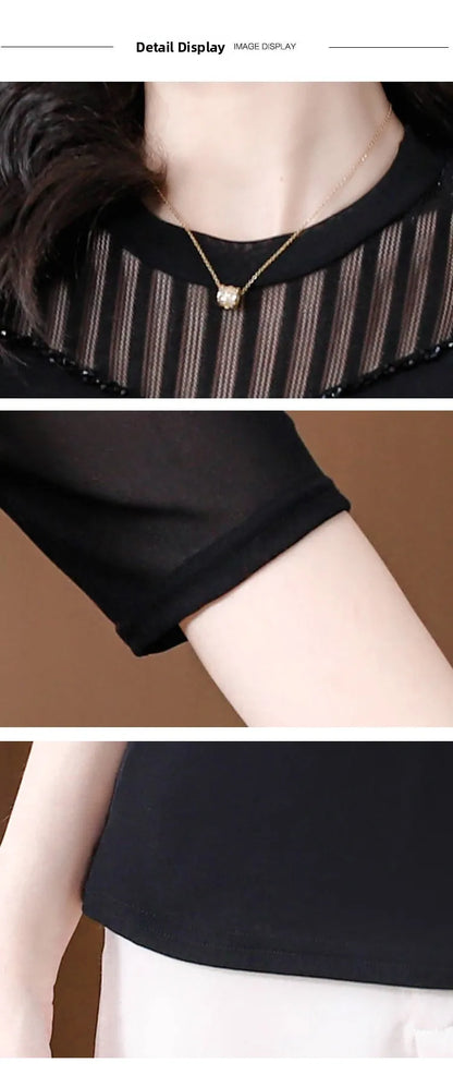 Lace Short Sleeve Slim Fit T-Shirt Women's Summer New Netting Thin Style round Neck Regular Length Pure Color Commute Style