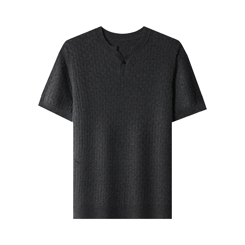 Textured Twisted Stripe Lightly Mature Henry Collar Knitted Short-sleeve T-shirt Men's Top 2026 Summer Casual T-shirt for Men