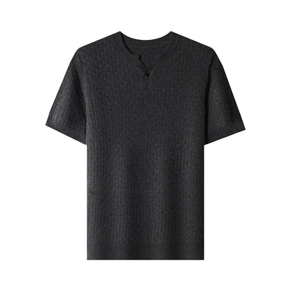 Textured Twisted Stripe Lightly Mature Henry Collar Knitted Short-sleeve T-shirt Men's Top 2026 Summer Casual T-shirt for Men