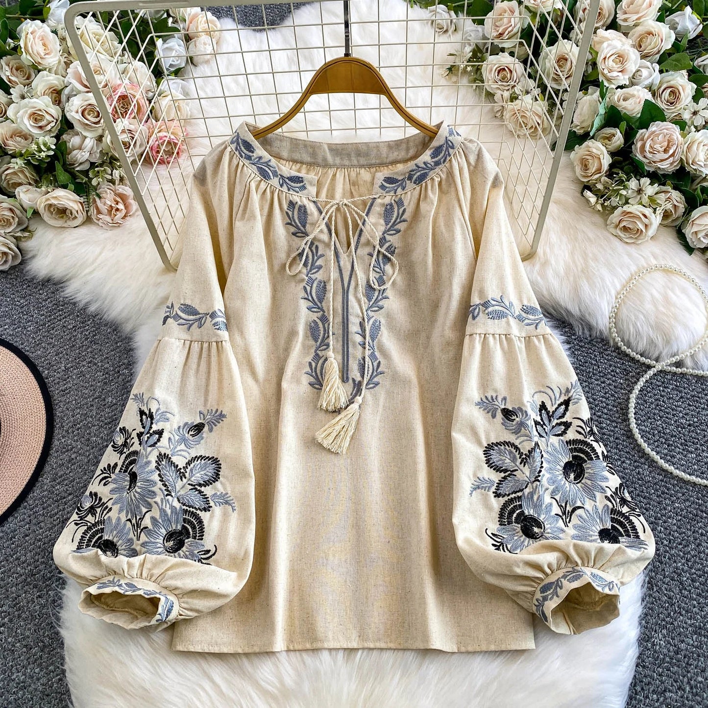 Bohemian Vacation Style Women's Shirt round Neck Lantern Sleeve Embroidery Heavy Work Autumn Design Sense Knot Design Top