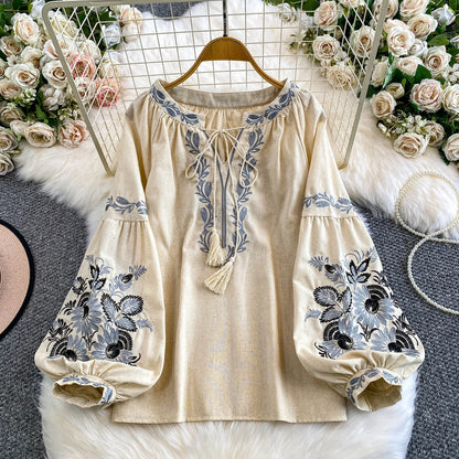 Bohemian Vacation Style Women's Shirt round Neck Lantern Sleeve Embroidery Heavy Work Autumn Design Sense Knot Design Top