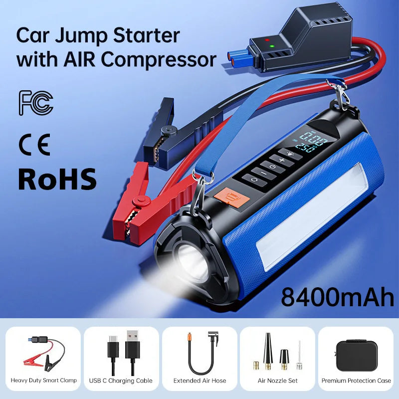 12000 mAh Portable Car Battery Starter&Air Pump 12V Booster  Emergency Jump Starter Powerbank Warning Light Compressor Inflator