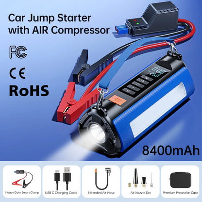 12000 mAh Portable Car Battery Starter&Air Pump 12V Booster  Emergency Jump Starter Powerbank Warning Light Compressor Inflator