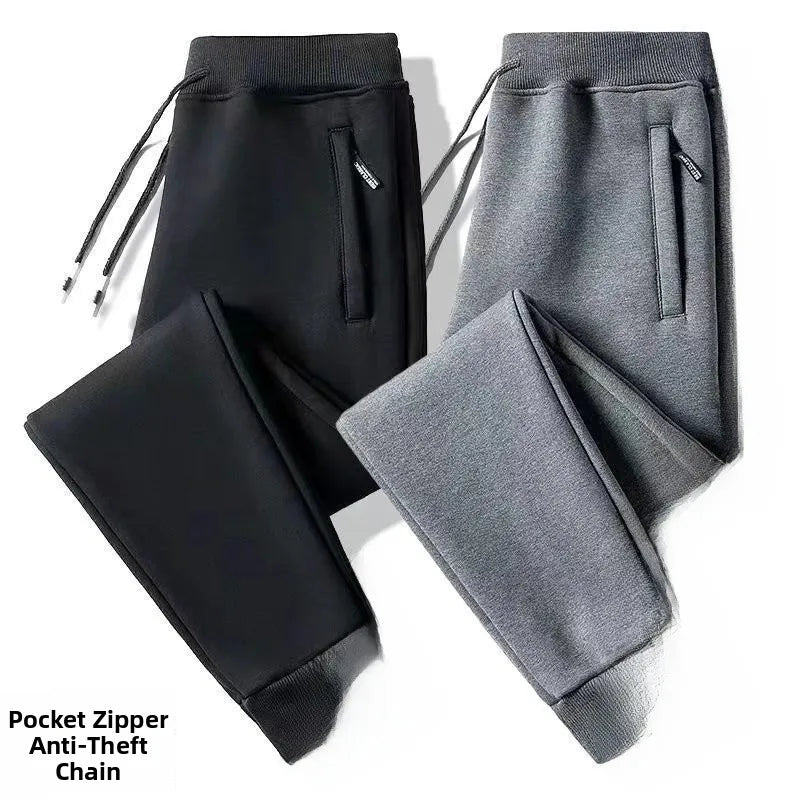 Men's Fleece Lined Loose Fit Trousers Korean Style Casual Pants with Pockets Zipper Closure Autumn Winter Outerwear Cargo Pants