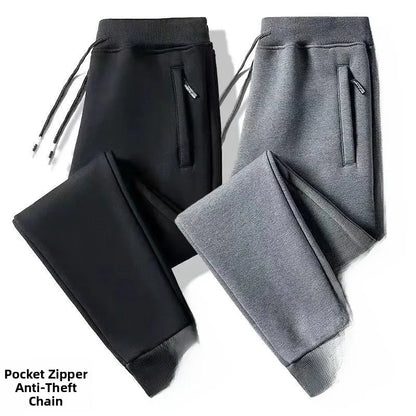 Men's Fleece Lined Loose Fit Trousers Korean Style Casual Pants with Pockets Zipper Closure Autumn Winter Outerwear Cargo Pants
