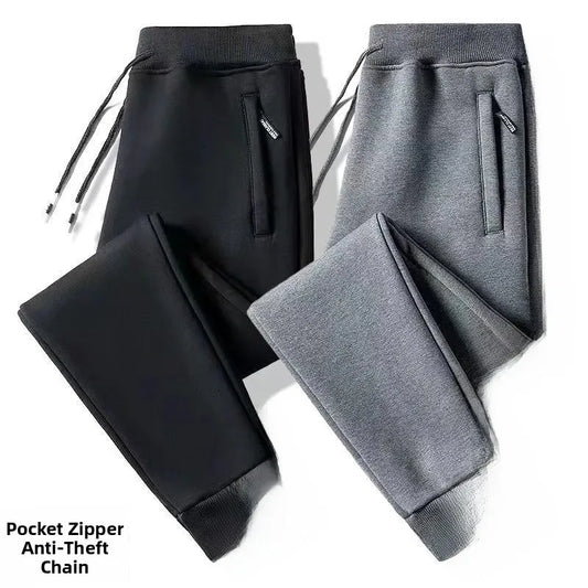 Men's Fleece Lined Loose Fit Trousers Korean Style Casual Pants with Pockets Zipper Closure Autumn Winter Outerwear Cargo Pants