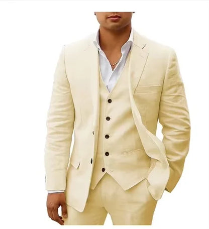 3 piece Linen Summer Men Suits for Wedding Groom Tuxedos 2026 Casual Beach Custom Man Suit Set Jacket Vest with Pants Man Fahion