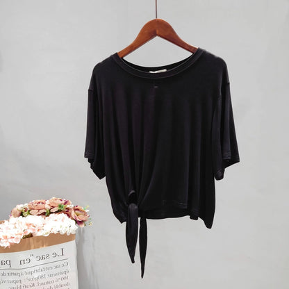 Ultra Soft Skin-Friendly Modal Summer Loose Short Sleeve T-Shirt Women's Asymmetrical Knot Waist Yoga Top Korean Style