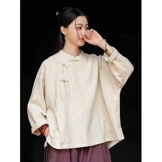 plus Size Women's Cotton Linen Shirt Spring Autumn New Style Zen Clothing Stand Collar Button up Outerwear Fashionable Commut...