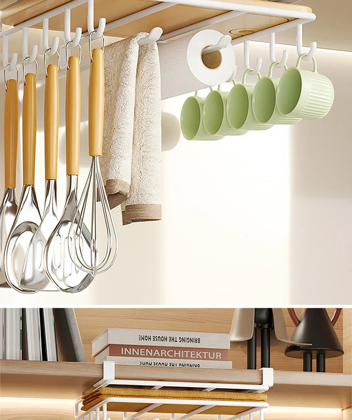 Installation-free Kitchen Cabinet Under Shelf No-Punch Large Capacity Storage Board Pot Cover Holder Towel Tissue Storage Rack