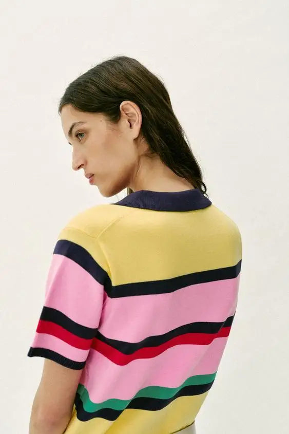 Fashionable Striped Knitted  Shirt Women's Spring Summer New Arrival Versatile Loose Fit Casual Polyester Fiber Short Sleeve