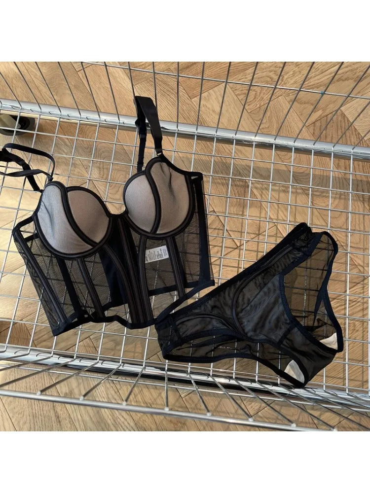 French Long Fishbone Mesh Patchwork Bra Set Slim Shaping Chest Lift Up Sexy Lingerie Outfit Soft Comfortable Underwear S-XL Suit