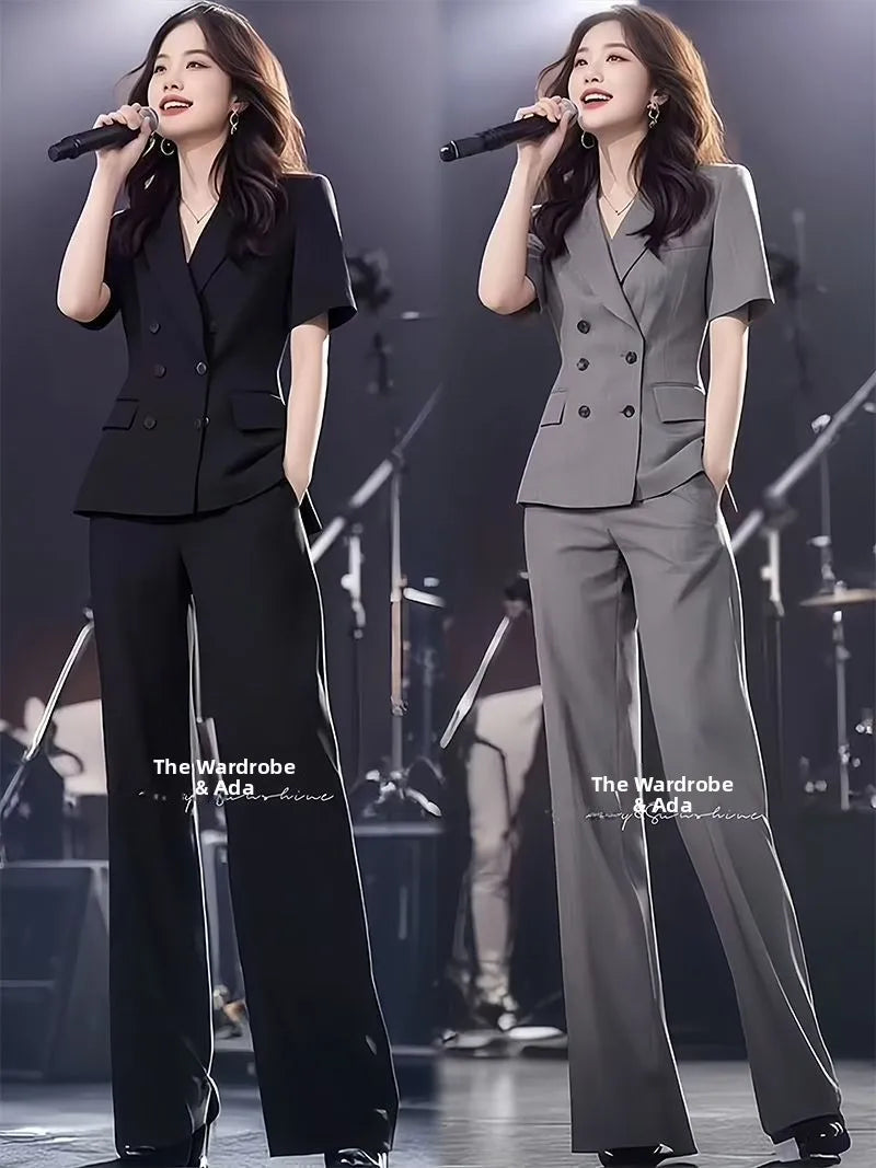 Elegant Short Sleeve Suit Set Women's Summer New Style Powerful Businesslike Top And Pants Two Pieces Set High Waist Pants
