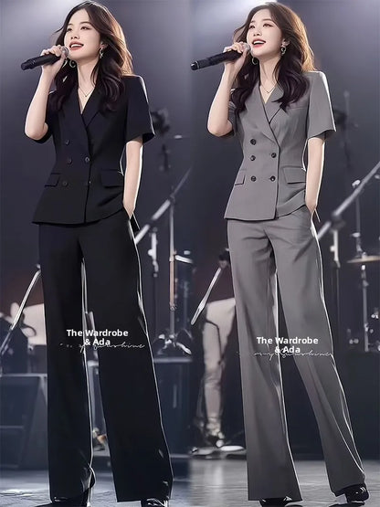 Elegant Short Sleeve Suit Set Women's Summer New Style Powerful Businesslike Top And Pants Two Pieces Set High Waist Pants