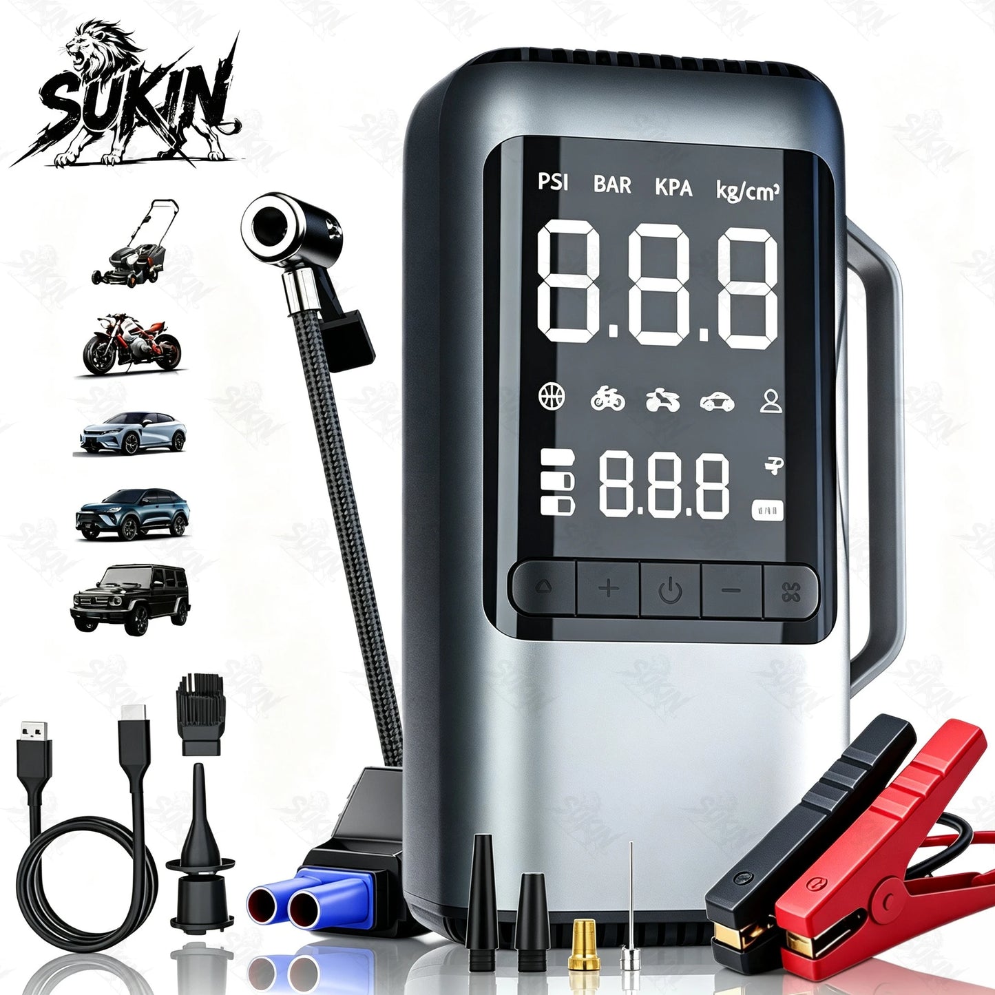SUKIN 6IN1 Booster Jump Starter With Built-in Air Compressor.Car Jump Starter with Vacuum Blow Rechargeable Lighting Functions