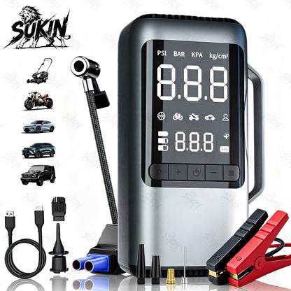 SUKIN 6IN1 Booster Jump Starter With Built-in Air Compressor.Car Jump Starter with Vacuum Blow Rechargeable Lighting Functions