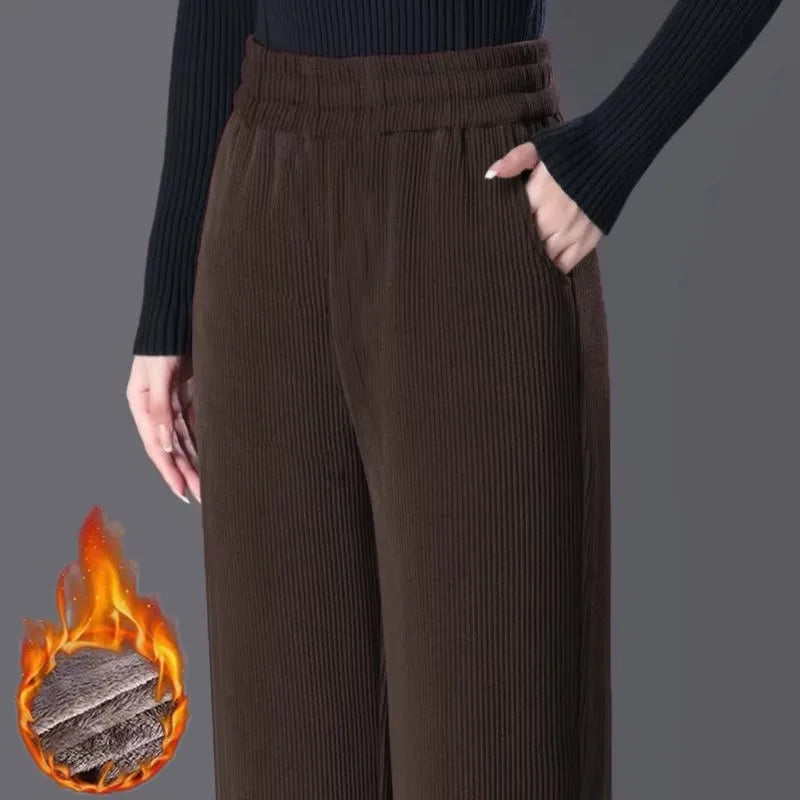 Women's Fleece Lined Corduroy Wide Leg Pants High Waist Warm Straight Cut Casual Trousers Autumn Winter New Mom Comfortable