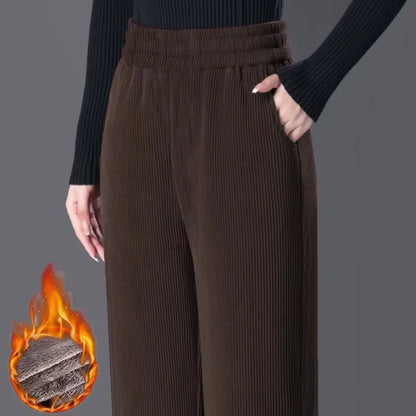 Women's Fleece Lined Corduroy Wide Leg Pants High Waist Warm Straight Cut Casual Trousers Autumn Winter New Mom Comfortable