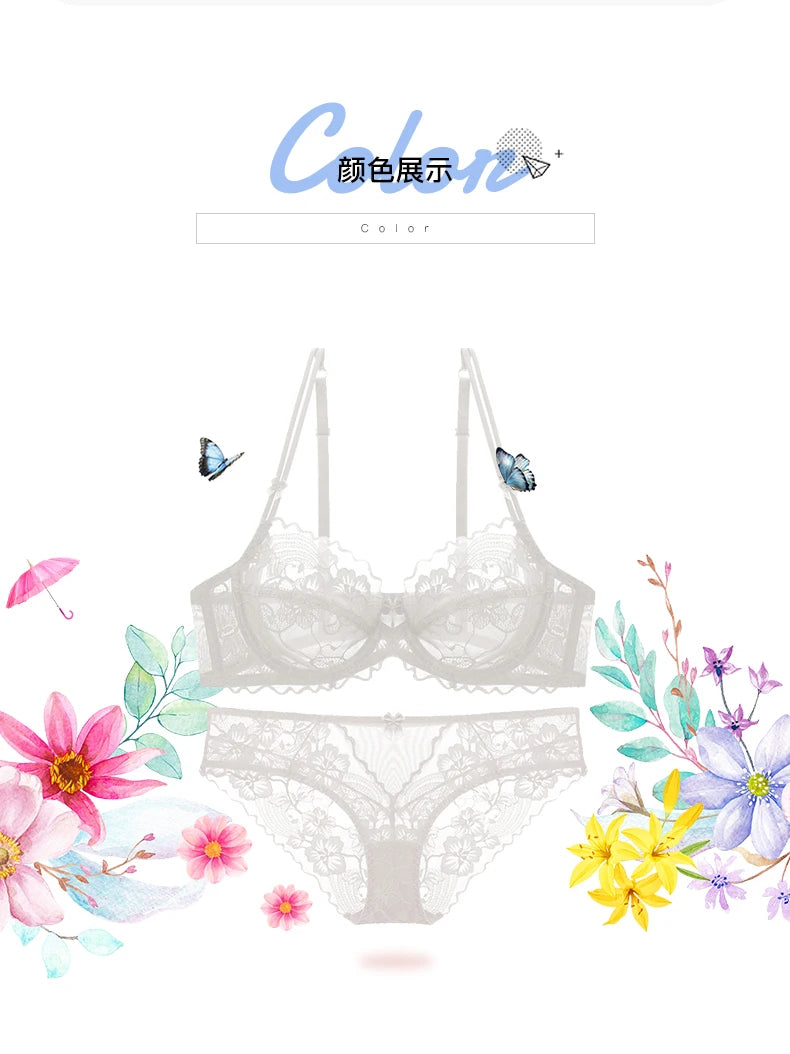 Delicate French Lace Bra Set, Sheer Minimiser Underwire for Lift, Elegant & Breathable Lingerie Large Bust MOYISU Sexy Panty Set