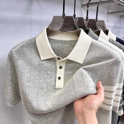 Quality Designer Brand Men Short-Sleeved Knitted Shirt Lapel Button Flax-Containing British Style Summer Leisure Men's Clothing