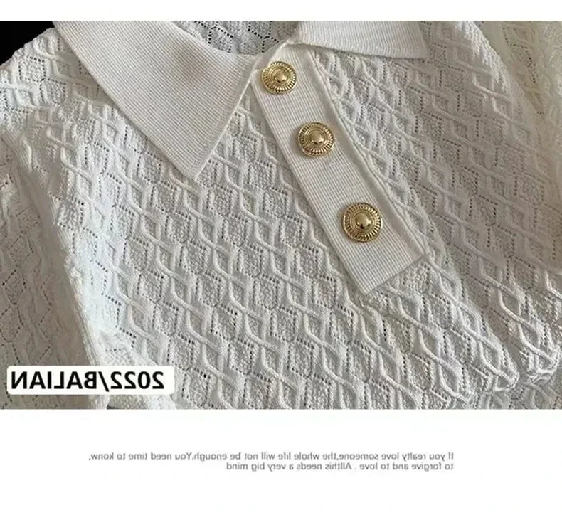 FANAN Ice Silk Polo Shirt Knitted Short Sleeve T-Shirts Lady New Chic Thin Unique Jacquard Women Tops 2025 Korean Style Clothing