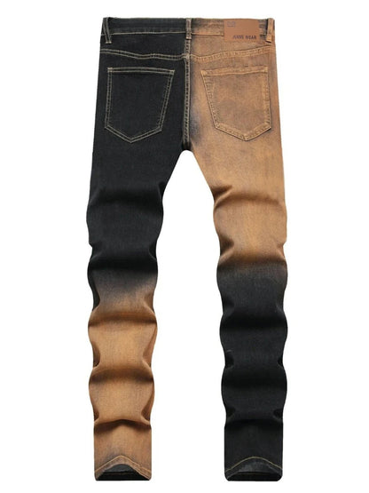 Men Two-Tone Gradient Distressed Jeans Black Yellow Wash Ripped Slim Straight Denim Pants Streetwear Hip Hop Patchwork Trousers