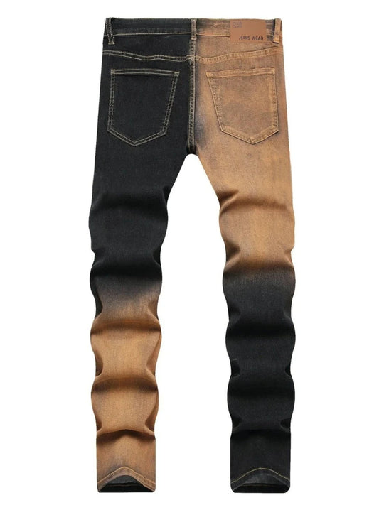 Men Two-Tone Gradient Distressed Jeans Black Yellow Wash Ripped Slim Straight Denim Pants Streetwear Hip Hop Patchwork Trousers