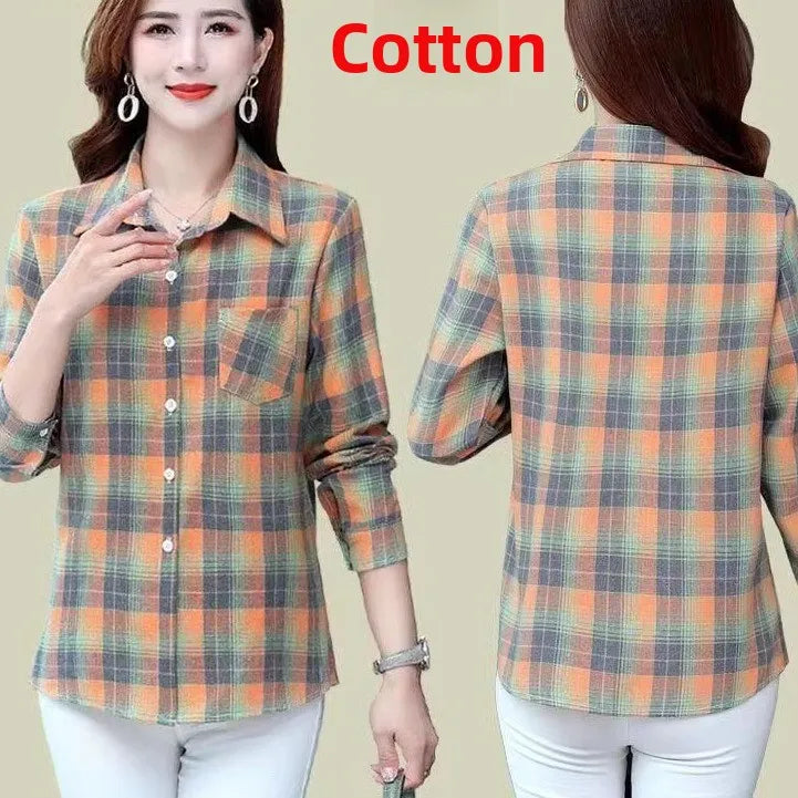 Loose Long Sleeve Mom Shirt Women's New Style Slimming Age-Defying Outerwear Versatile Early Autumn Plaid Outfit  Collar