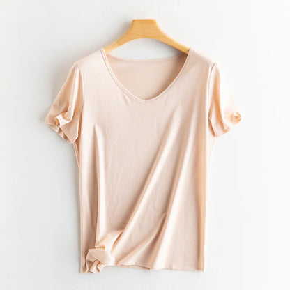 Summer Short Sleeve T-Shirt Women Tee Shirts Real Silk Linen Cotton T Shirt Women's Casual Tees V-neck Woman Tshirt Solid Tops