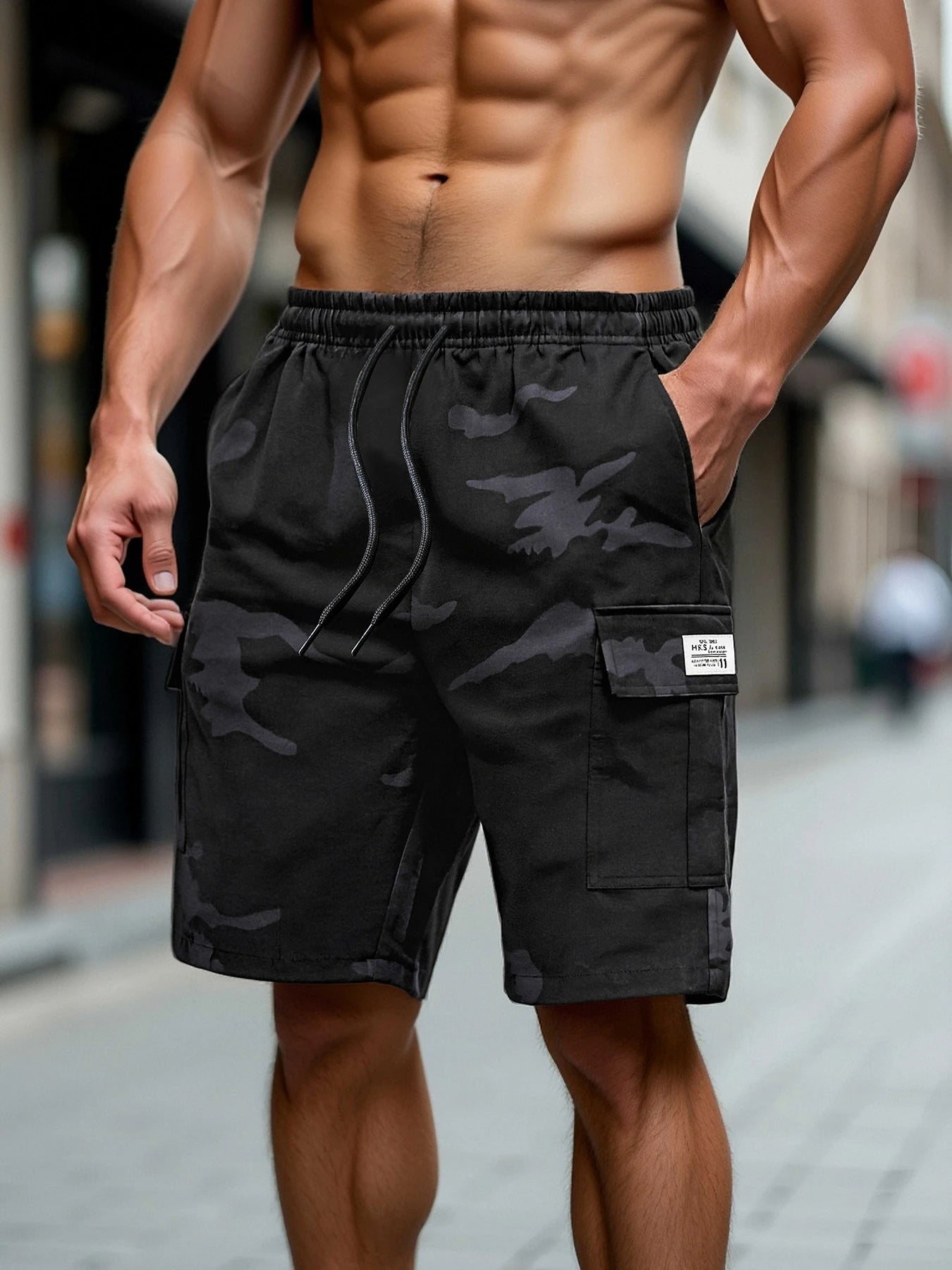 Camouflage Cargo Shorts Man Summer Loose Multi Big Pocket Outdoor Work Pants Elastic Waist High Street Casual EU Size Streetwear