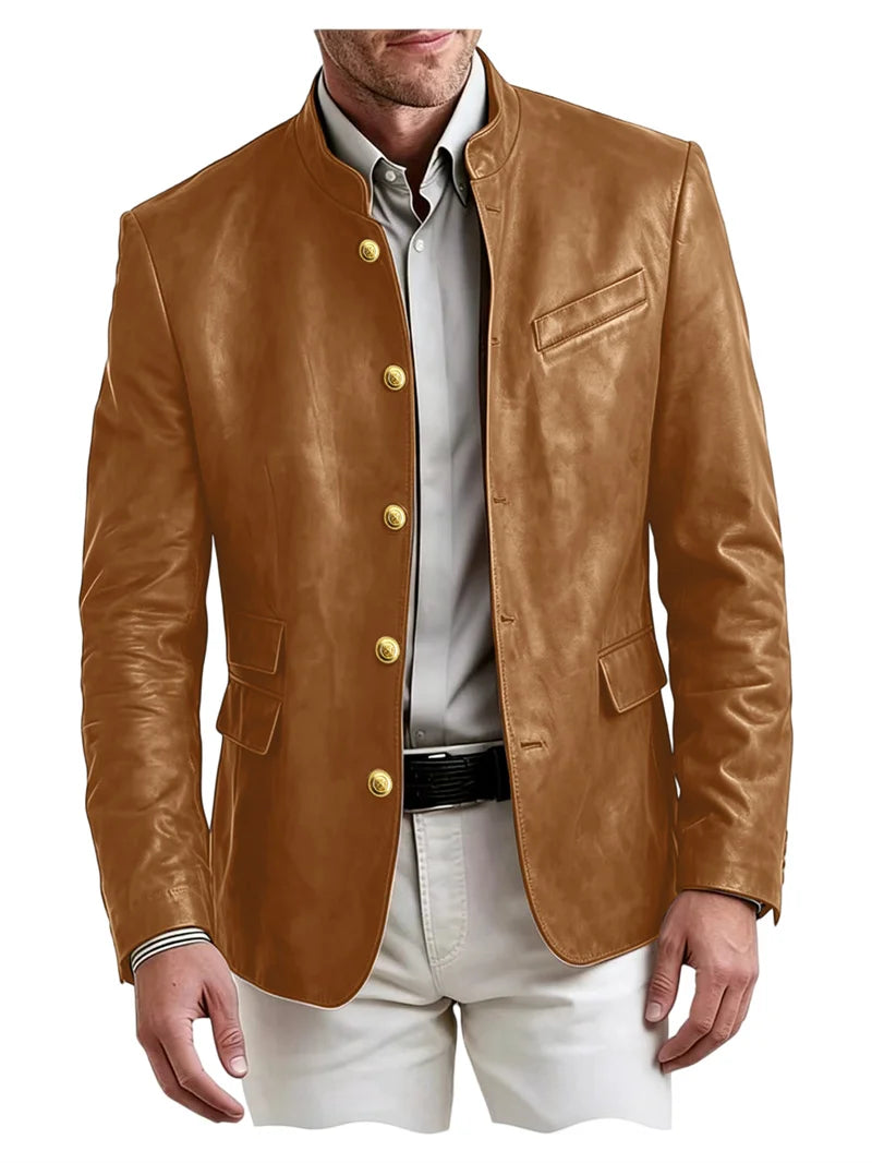 Men's Stand Collar Leather Blazer Slim Fit Single Breasted Golden Metal Buttons Multi Pocket Coat For Business Wedding Daily