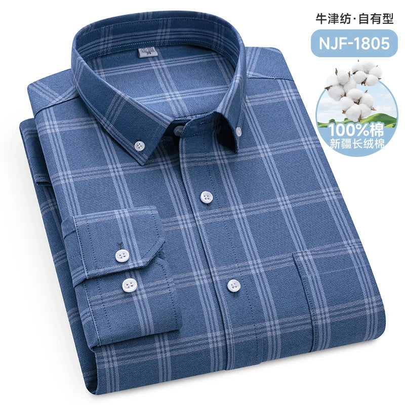 Classic Men's Long Sleeved Check Shirts 100% Oxford Cotton Casual Fashion Soft Plaid Stripe Solid Male Business Slim Fit Blouses