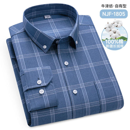 Classic Men's Long Sleeved Check Shirts 100% Oxford Cotton Casual Fashion Soft Plaid Stripe Solid Male Business Slim Fit Blouses