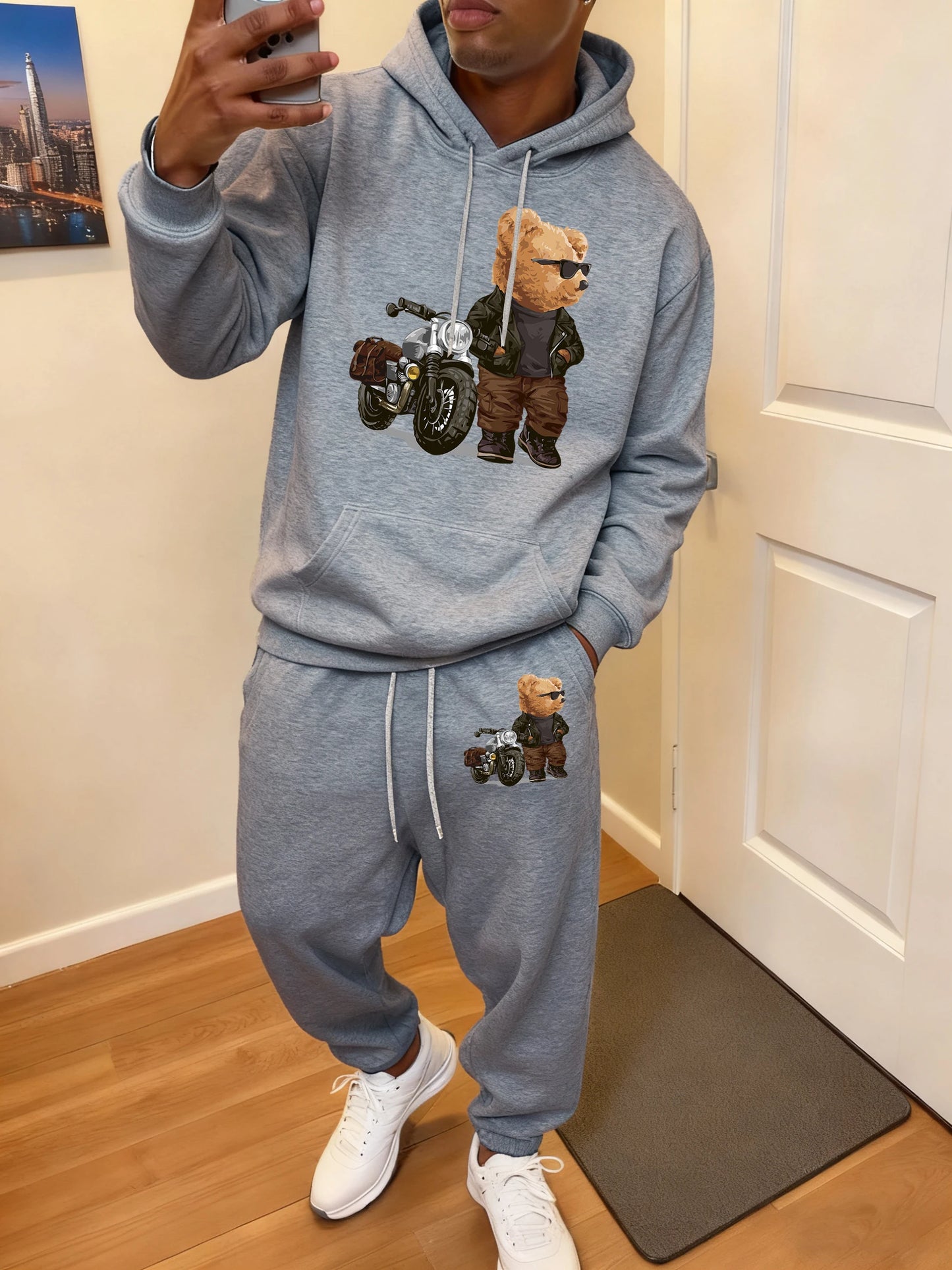Ride Motorcycle Jacket Cool Bear Print Men Hoody Suit Fashion Autumn Sweatshirts All-Match Casual Sweatpant Comfy Jogging Pants