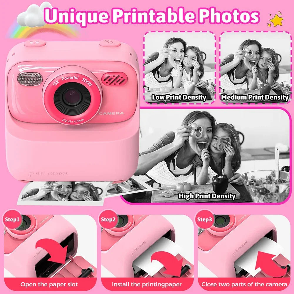 Upgrade Kids Camera Instant 1080P HD Dual Lens Selfie Digital Camera for Girls Boys Christmas Birthday Gifts Toys With 32G Print