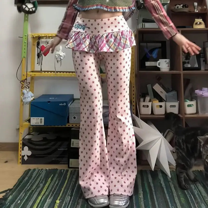 Y2K Girl's Slim Fit Star Print Pants Thin Micro Flared Summer Fashion Trendy Skirt Pants Casual Low Waist Polyester Fiber