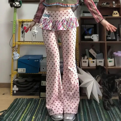 Y2K Girl's Slim Fit Star Print Pants Thin Micro Flared Summer Fashion Trendy Skirt Pants Casual Low Waist Polyester Fiber