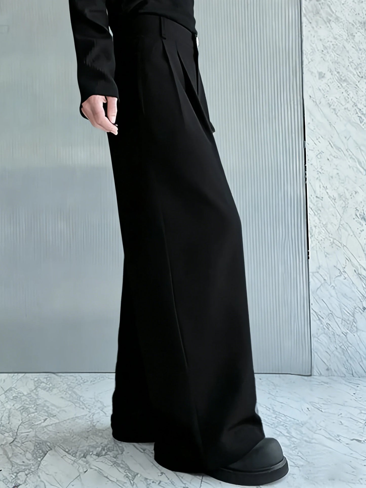 Men's high-waisted double-pleated wide-leg black suit pants, matte fabric loose floor-length trousers, Korean lazy style all-mat