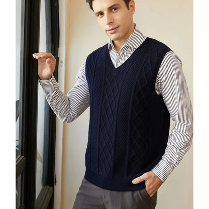 100% pure cashmere sweater men's vest vest V-neck autumn and winter knit loose twisted flower sleeveless thick sweater vest
