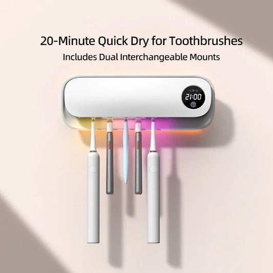 UV Toothbrush Sanitizer with 20-Min Quick Dry Dual Mount Rechargeable Toothbrush Cleaner Holder for Bathroom Family Use